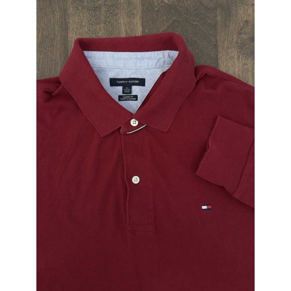 Tommy Hilfiger Mens Classic Fit Long Sleeve Red Polo Shirt Size 2XLT Knit Button